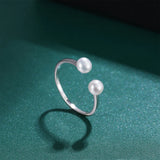 S925 Sterling Silver Minimalist  Open Ring Two Round White Freshwater Pearls