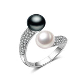 Luxury Real Pink Black White Purple Double Pearl AAA Zircon Diamonds Silver Rings
