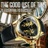Sports Military Skeleton Automatic Mechanical Watches - Black Gold Triangle Dial Steel Leather Strap Luxury Watches