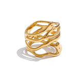 18K Gold Plated Trendy Stainless Steel Layered Hollow Geometric Wide Fashion Ring