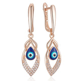 14K Gold Filled Blue Enamel Eyes Double Layer AAA Zircon Diamonds Geometric Long Earrings