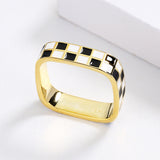 Hand Made Checkerboard Simple Black and White Enamel Plaid Open Ring