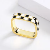 Hand Made Checkerboard Simple Black and White Enamel Plaid Open Ring