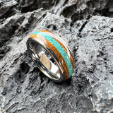 Amazing Whiskey Barrel Oak Wood Crushed Turquoise Inlay Tungsten Carbide Rings