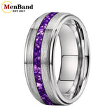 Purple Crystal Stone Inlay Brushed Finish Silver Finish 6/8MM Tungsten Rings