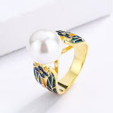 Exquisite Fashion Handmade Enamel Small Flower Inlaid Pearl 18KGP Ring