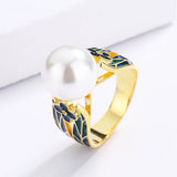 Exquisite Fashion Handmade Enamel Small Flower Inlaid Pearl 18KGP Ring