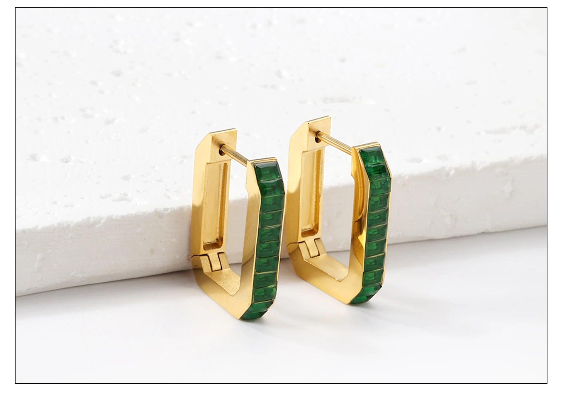 Retro Colorful Gold Plated Stainless Steel White Green Cubic Zirconia Crystals Women's Girls Square Hoops Earrings - The Jewellery Supermarket