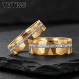 Gold Hammered Crushed White Opal Inlay 6/8mm  Wedding Tungsten Couples Rings