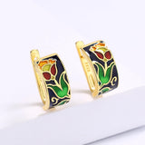 New High Quality Elegant Black Flower Handmade Enamel Silver Earrings