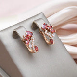 Brilliant Red Crystal Flower Luxury 14K Rolled Rose Gold AAA Zircon Crystals Trendy Fine Jewellery Earrings