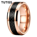 Black Carbon Fiber Inlay Beveled Edge Polished Multicolor Tungsten Carbide Rings