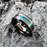 Beveled Edges Grooved Brushed Surface 8mm Black Blue Tungsten Carbide Rings
