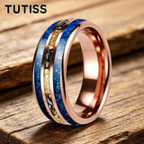 Polishing Dome Blue Glass Stone Meteorite Gold Foil Inlay 6mm 8mm Tungsten Rings