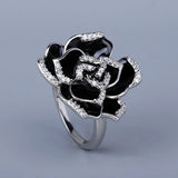 Elegant Unique Black Flower Handmade Enamel AAA Zircon Diamonds Ring