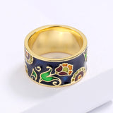 Vintage Elegant Black and Green Floral Handmade Enamel Silver 18KGP Ring