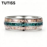 Deer Antler & Meteorite Inlay Silver 8mm Tungsten Carbide Mens Wedding Rings