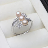 Luxury White Natural Pink White Pearls AAA Zircon Diamonds Silver Ring