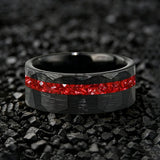 Hammered Faceted Brushed Finish Red Crystal Stone Inlay Gold Color Tungsten Rings