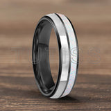 Dome Double Groove Inlaid With White Opal Stone Mother Of Pearl Shell Tungsten Rings