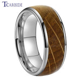 Whiskey Barrel Oak Wood Inlay Domed Polished Tungsten Engagement Wedding Rings