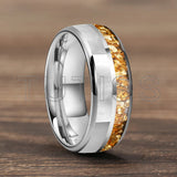 Dome Double Groove Inlaid Golden Crystal Stone Mother Of Pearl Shell 6/8mm Tungsten Ring