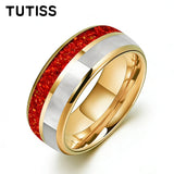 Dome Double Groove Inlaid With Red opal And Mother Of Pearl Shell 6/8mm Tungsten Rings