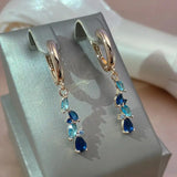 14K Rolled Gold Luxury Blue AAA Zircon Crystals Leaf Long Dangle Earrings