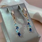 New Fashion 14K Rolled Rose Gold Luxury Blue AAA Zircon Crystals Leaf Long Dangle Earrings - Fine  Jewellery