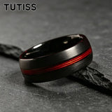 Black Dome Brushed Middle Groove Embedded With Red Fishing Line 6mm 8mm Tungsten Ring