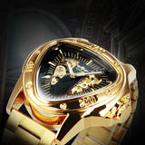 Sports Military Skeleton Automatic Mechanical Watches - Black Gold Triangle Dial Steel Leather Strap Luxury Watches