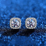 925 Sterling Silver D Colour VVS1 Moissanite Diamonds Square Halo Stud Earrings