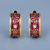 Classic Red Green Flowers Handmade Enamel Silver Plated 925 Earrings