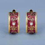 Classic Red Green Flowers Handmade Enamel Silver Plated 925 Earrings