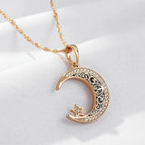 Unique 14K Filled Rose Gold Black Enamel Moon And Star Trendy Pendant Necklace n With Shiny AAA CZ Crystals.