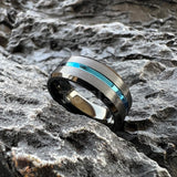 Beveled Edges Grooved Brushed Surface 8mm Black Blue Tungsten Carbide Rings