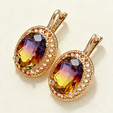 14K Rolled Gold Big Oval Multicolour AAA Zircon Crystal Ethnic High Quality Drop Earrings