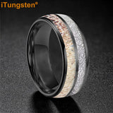Polished Bevel Edges Deer Antler, Meteorolite Inlay 6/8mm Tungsten Carbide Rings