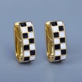 High Quality Checkerboard Handmade Enamel Black and White Plaid Stud Earrings