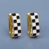 High Quality Checkerboard Handmade Enamel Black and White Plaid Stud Earrings