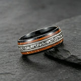 Whiskey Barrel Wood, Meteorite & Guitar String Inlay 8mm Tungsten Carbide Rings