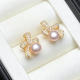 Beautiful Bow Design Real Pearl AAA Zircon Diamonds Silver Gold Colour Stud Earrings