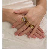 18K Gold Plated Glossy Stainless Steel Layered Hollow Distinctive Geometric Open Ring