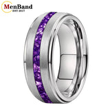 Purple Crystal Stone Inlay Brushed Finish Silver Finish 6/8MM Tungsten Rings