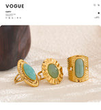 18K Gold Plated Green Natural Stone Fashion Adjustable Stainless Steel Geometric Open Ring