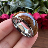 Whiskey Barrel Oak Wood Inlay Domed Polished Tungsten Engagement Wedding Rings