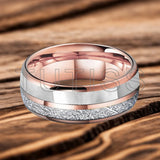 Dome Double Groove Inlaid Meteorite Mother Of Pearl Shell Tungsten Carbide Rings