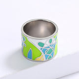 New Arrival Green Enamel Leaf Shape Handmade Wide Ring