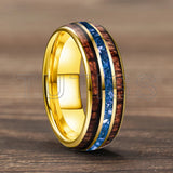 Blue Crystal Stone Inlaid Hawaiian Koa Wood 6/8mm Tungsten Carbide Rings