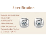 Sparkling 6.5MM 1CT Moissanite Diamonds Silver Square Shape Unisex Stud Earrings